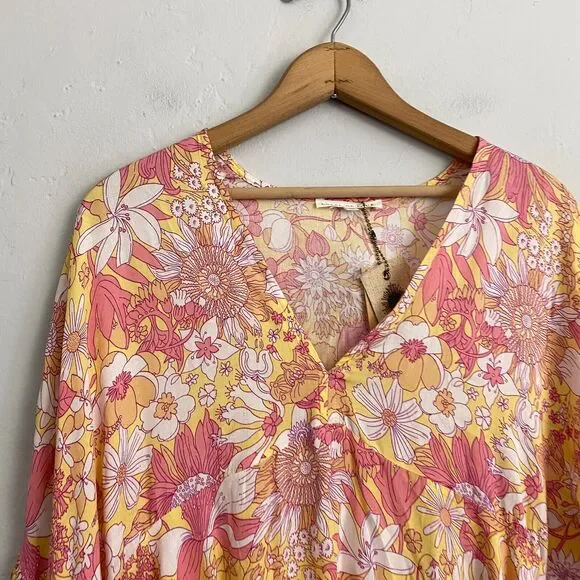 Label of Love Mini Dress Women Size Medium Pink Floral Babydoll Bell Sleeves New - Picture 3 of 16